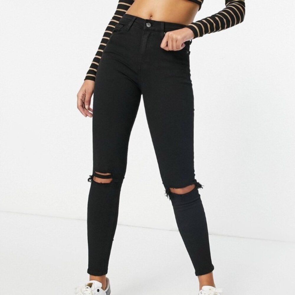 Topshop Moto Jamie Black Ripped Knees Skinny Ankle Jeans Size 30 x 32